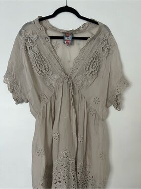 Johnny Was Taupe Embroidered Tie-Front Tunic